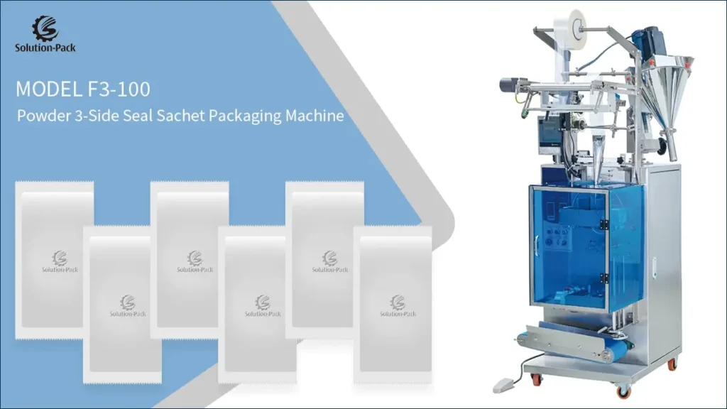 Model F3-100 Automatic Powder 3-Side Seal Sachet Packaging Machine Unit Main Machine View | Solution-Pack