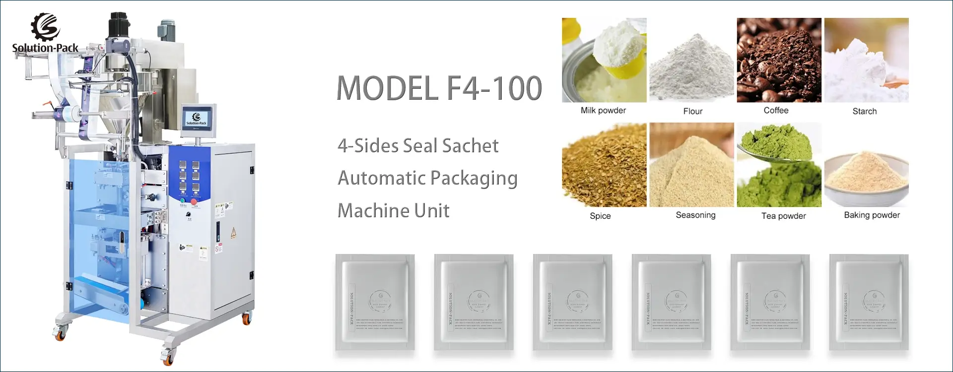 Model F4-100 Automatic 4-Side Seal Powder Sachet Packaging Machine Unit Heading Banner Picture | Solution-Pack