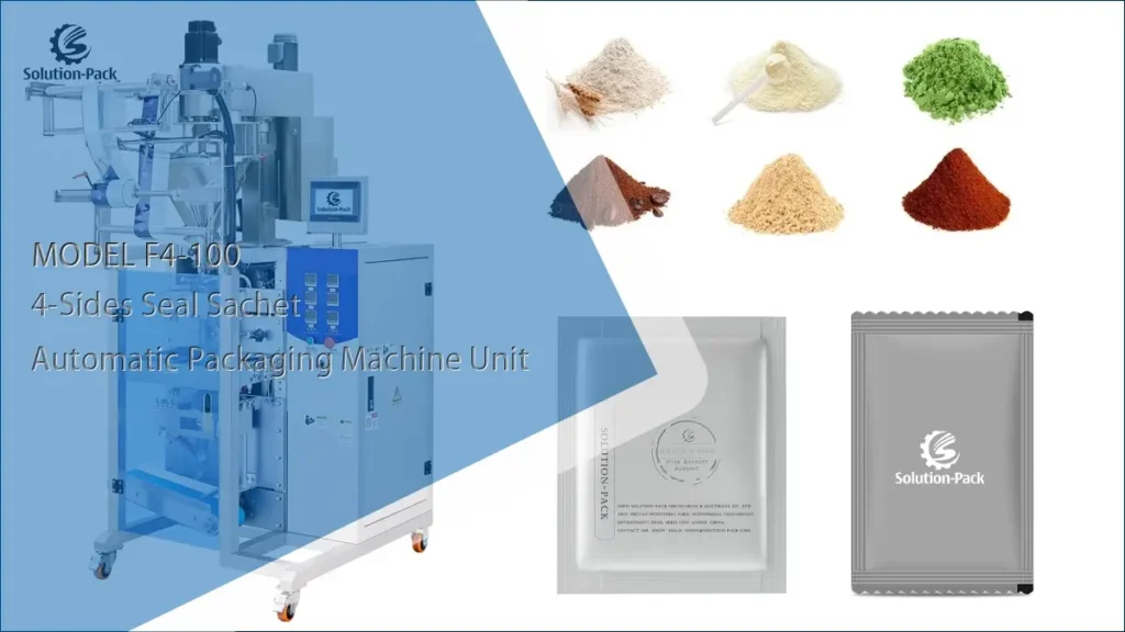 Model F4-100 Automatic 4-Side Seal Powder Sachet Packaging Machine Unit Main Machine View | Solution-Pack