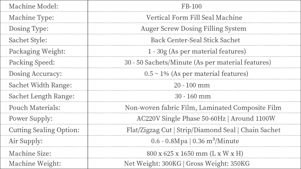 Model FB-100 Automatic Powder Sachet Packaging Machine Unit Technical Data Sheet | Solution-Pack