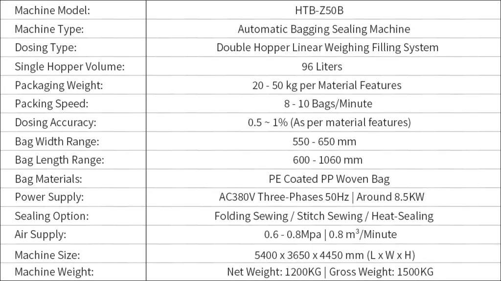 Model HTB-Z50B Automatic Bagging Sealing Machine Unit for 20 ~ 50 KG granule products Packaging Technical Data Sheet | Solution-Pack