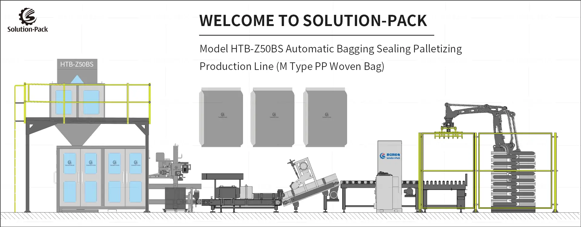 Model HTB-Z50BS Bagging Palletizing Production Line for M-Type PP Woven Bags | Solution-Pack (Heading Banner Picture)