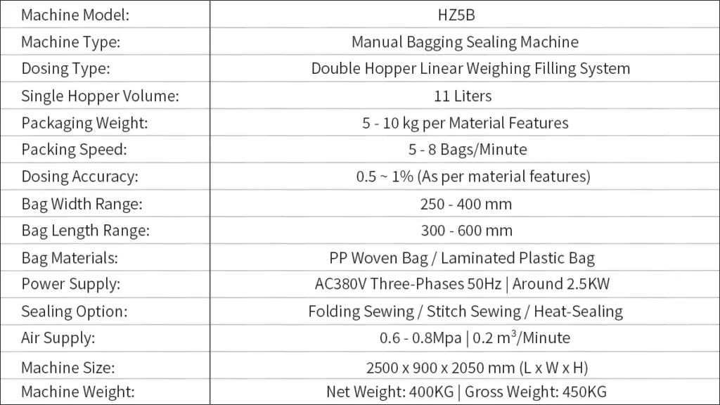 Model HZ5B Semi-Automatic Manual Bagging Machine Equipment Technical Data Sheet | Solution-Pack