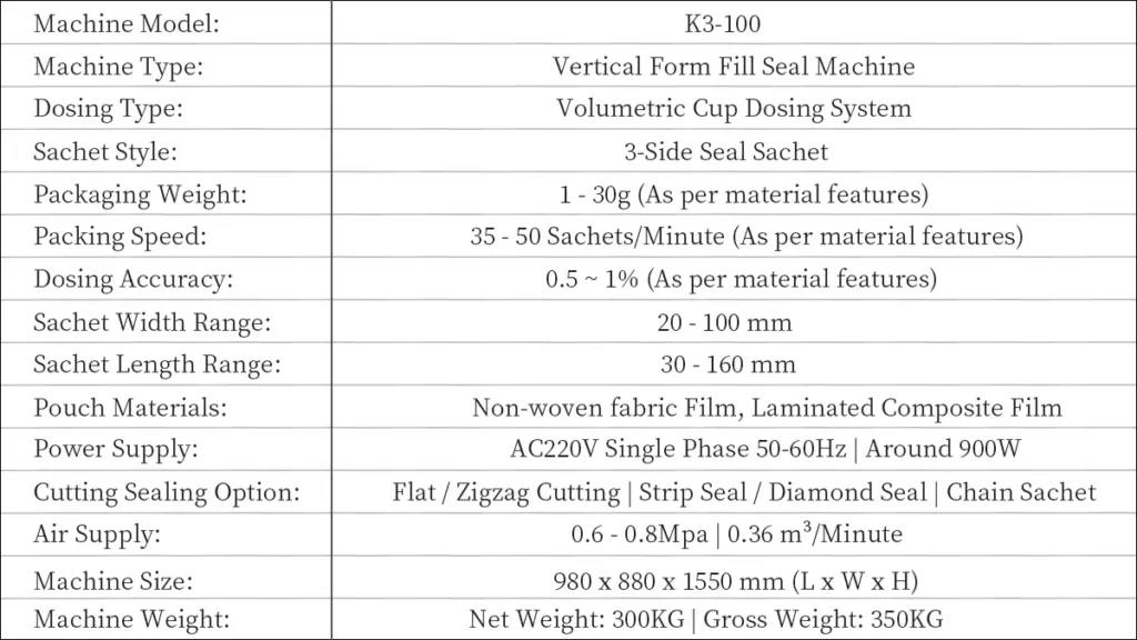 Model K3-100 Automatic 3-Side Seal Granule Sachet Packaging Machine Unit Technical Data Sheet | Solution-Pack