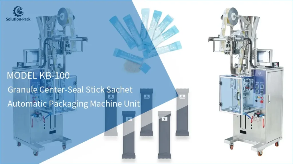 Model KB-100 Automatic Center-Seal Granule Sachet Packaging Machine Unit Featured Machine Picture | Solution-Pack