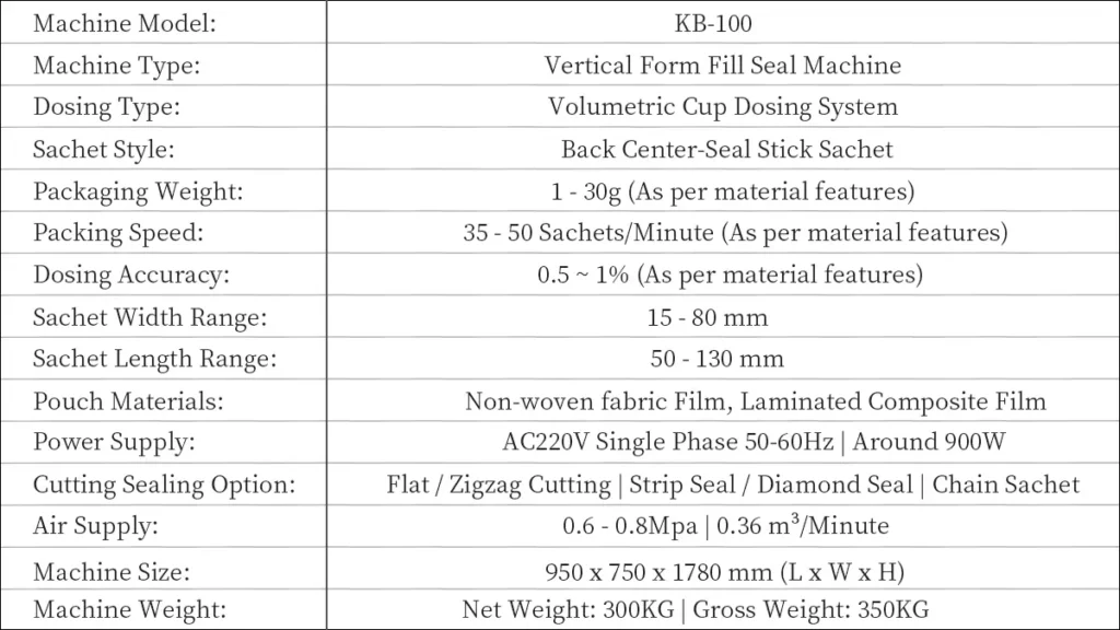 Model KB-100 Automatic Center-Seal Granule Sachet Packaging Machine Unit Technical Data Sheet | Solution-Pack