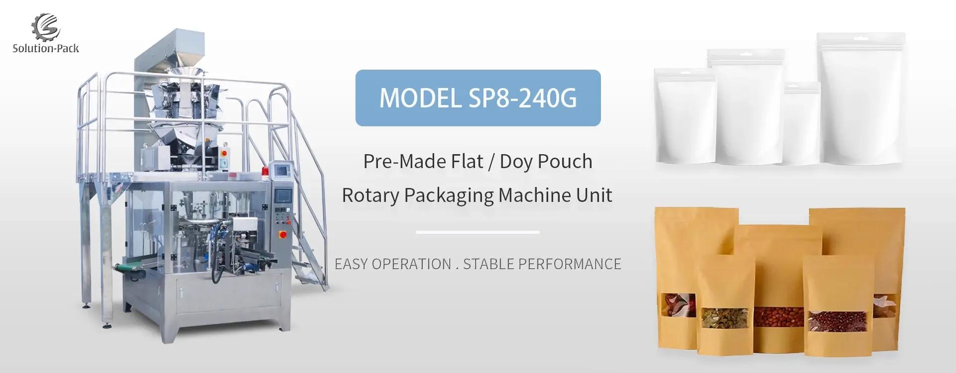 Model SP8-240G Automatic Granule Rotary Packaging Machine Solution Heading Banner Picture | Solution-Pack