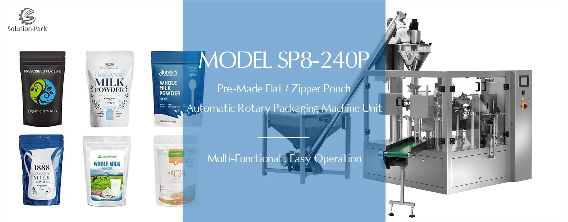 Model SP8-240P Automatic Powder Rotary Packaging Machine Solution Heading Banner Picture | Solution-Pack