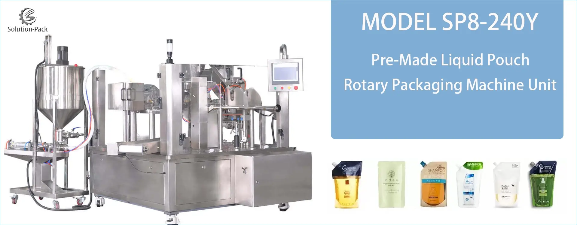 Model SP8-240Y Automatic Liquid Pre-Made Pouch Rotary Packaging Machine Solution Heading Banner Picture | Solution-Pack