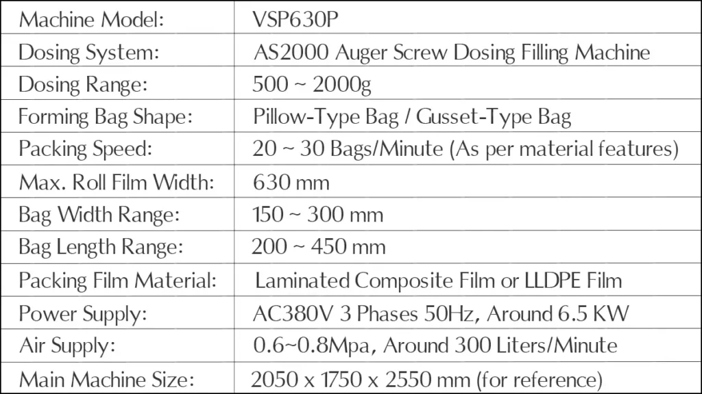 Model VSP630P Automatic Vertical Packaging Machine Unit | Solution-Pack (Technical Data Sheet)