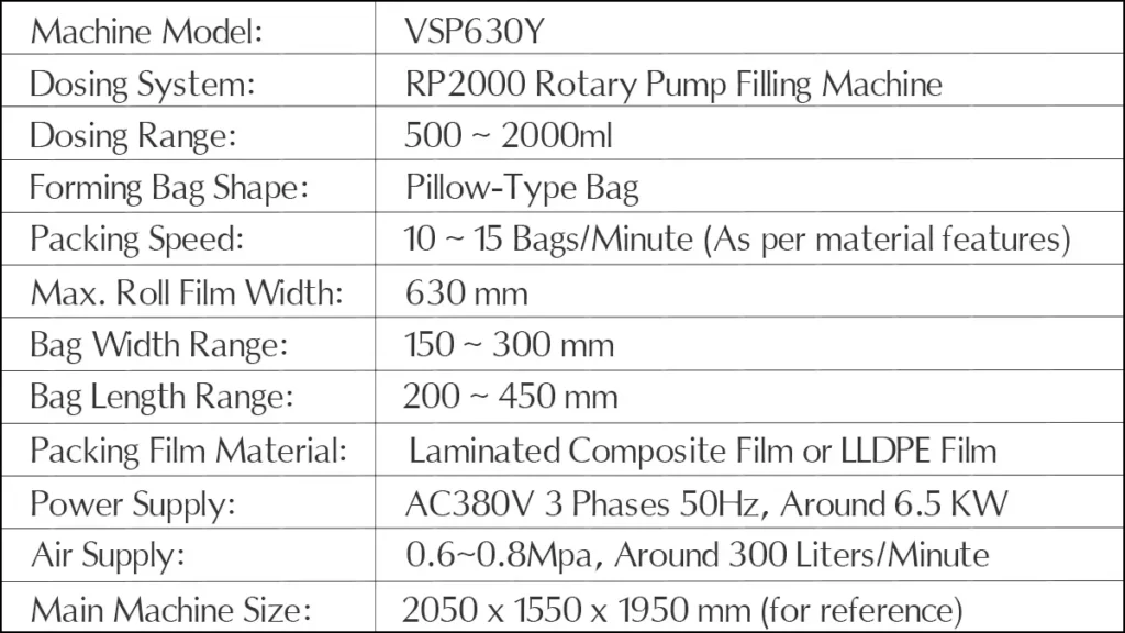 Model VSP630Y Automatic Liquid Vertical Packaging Machine Unit | Solution-Pack (Technical Data Sheet)