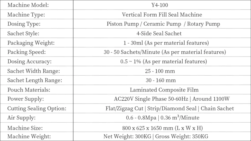 Model Y4-100 Automatic Liquid 4-Side Seal  Sachet Packaging Machine Unit Technical Data Sheet | Solution-Pack