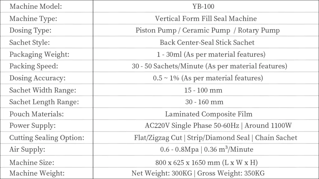Model YB-100 Automatic Liquid Center-Seal Stick Sachet Packaging Machine Unit Technical Data Sheet | Solution-Pack