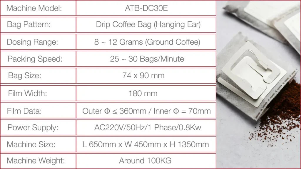 Cheapest Drip Coffee Bag Packaging Machine | Model ATB-DC30E | Drip Bag Coffee Machine | Technical Data Sheet