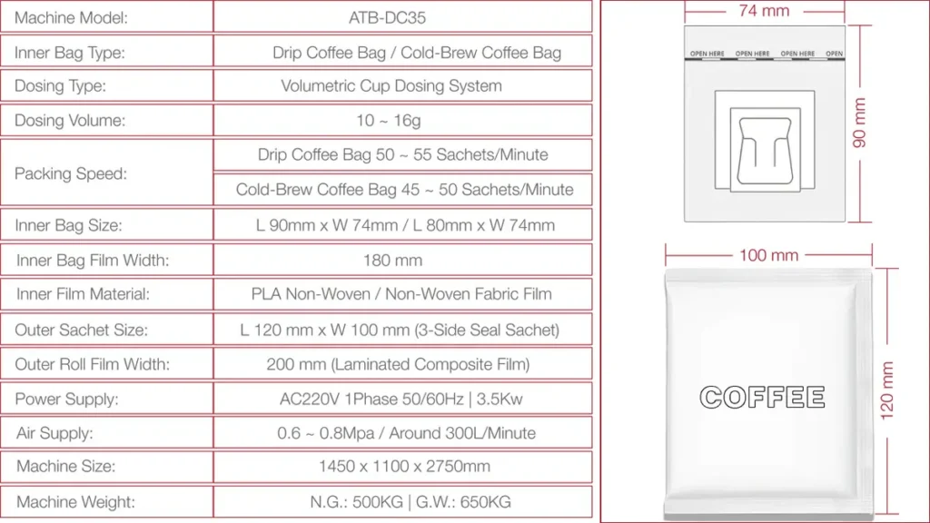 High-Speed Drip Coffee Bag Packaging Machine | Model ATB-DC35 | Solution-Pack | Technical Data Sheet