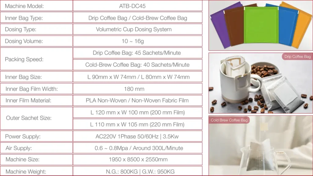 Premium High-Speed Drip Coffee Bag Packaging Machine | Model ATB-DC45 | Solution-Pack | Technical Data Sheet