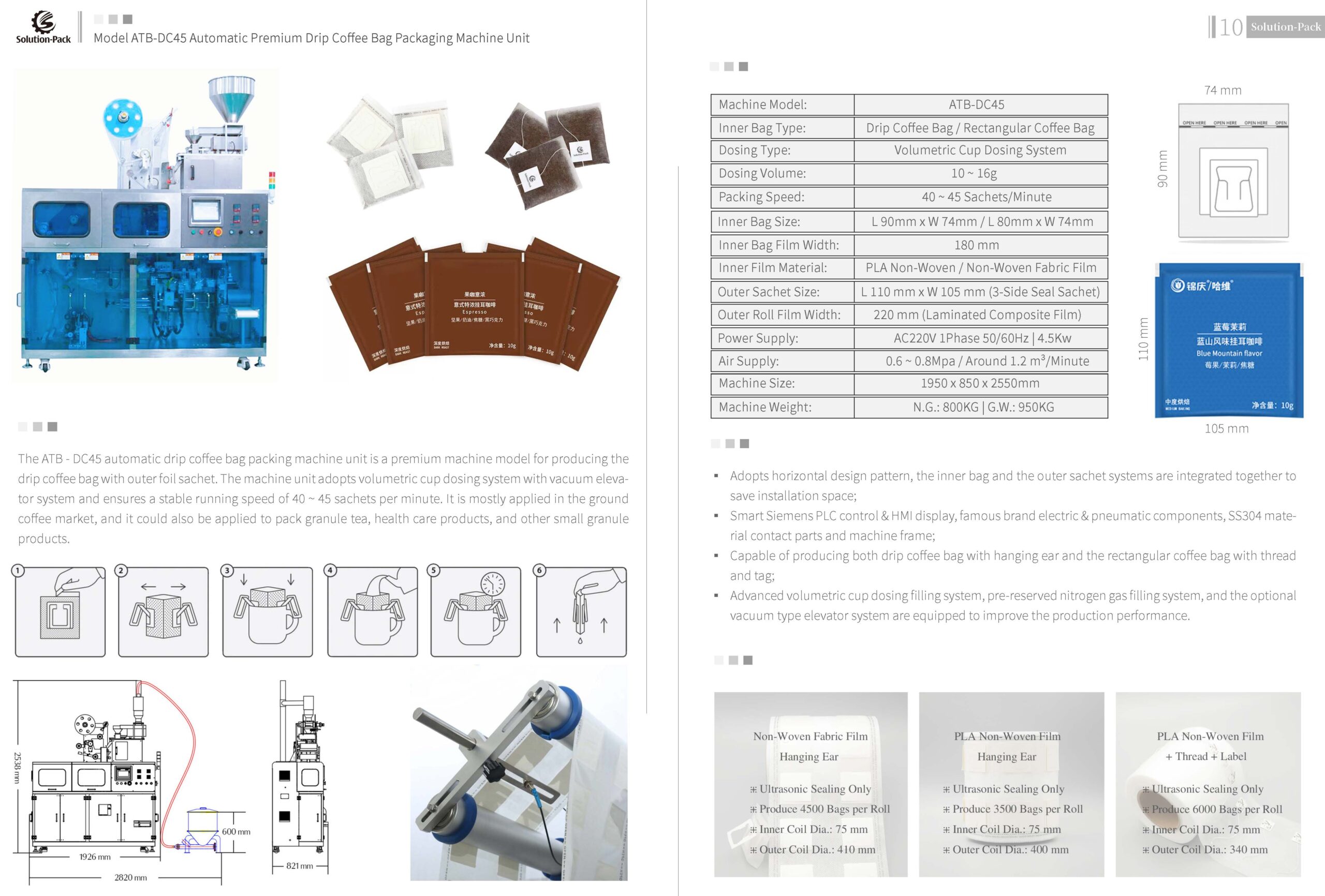 Model ATB-DC45 Premium Automatic Drip Coffee Bag Packaging Unit | Solution-Pack