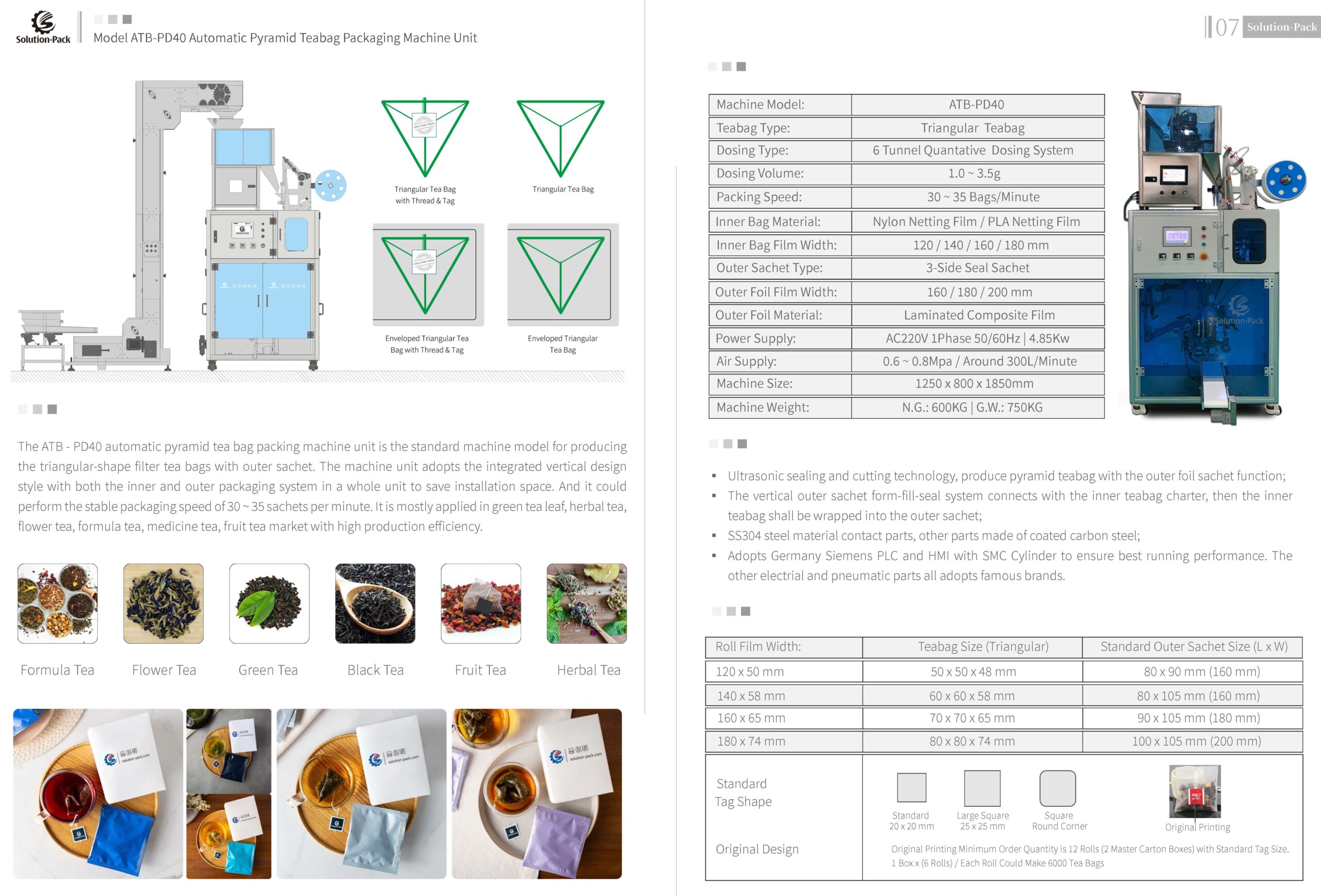 Model ATB-PD40 Standard Automatic Foil-Wrapped Pyramid Teabag Packaging Machine Unit | Solution-Pack