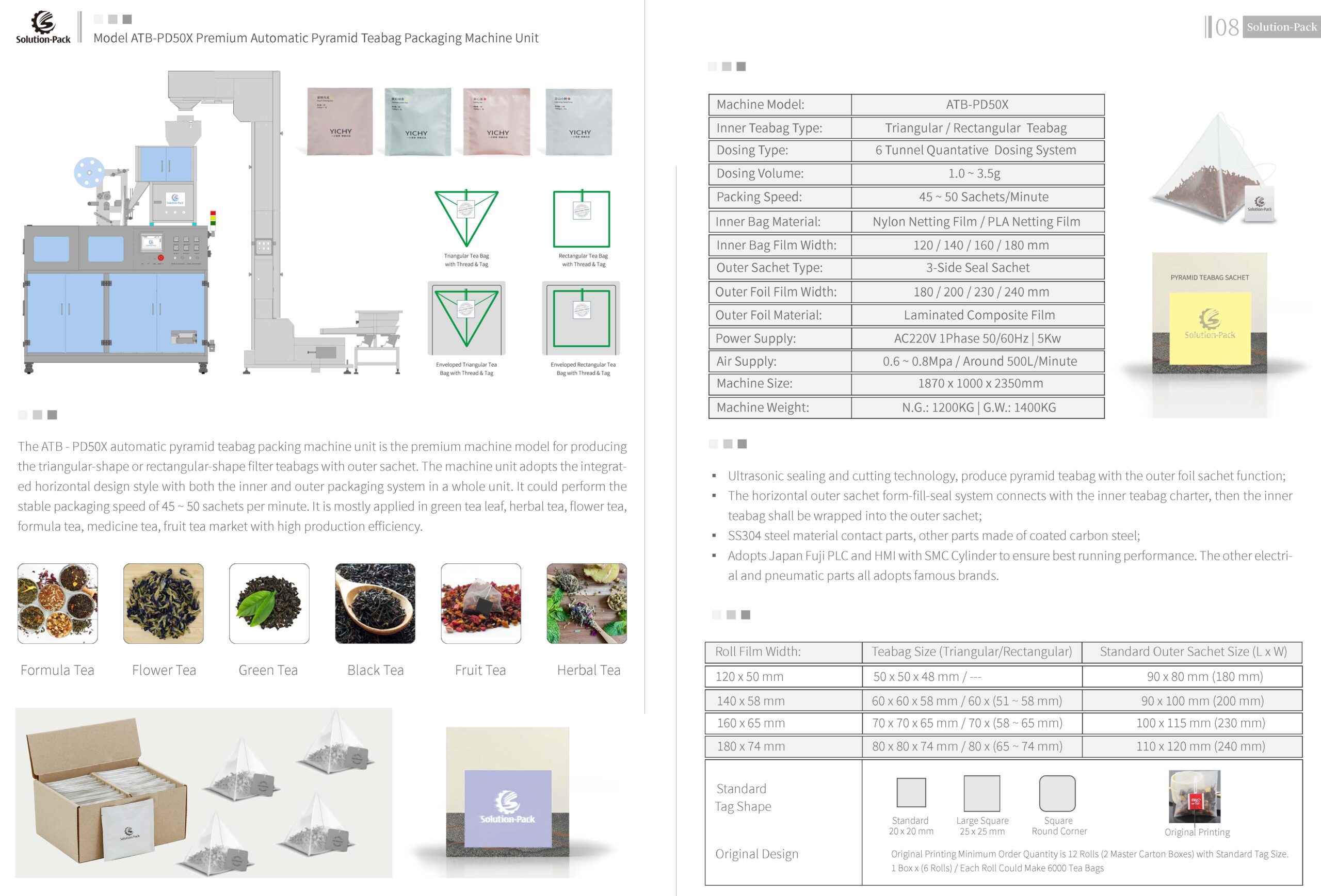 Model ATB-PD50X Premium Automatic Foil-Wrapped Pyramid Teabag Packaging Machine Unit | Solution-Pack
