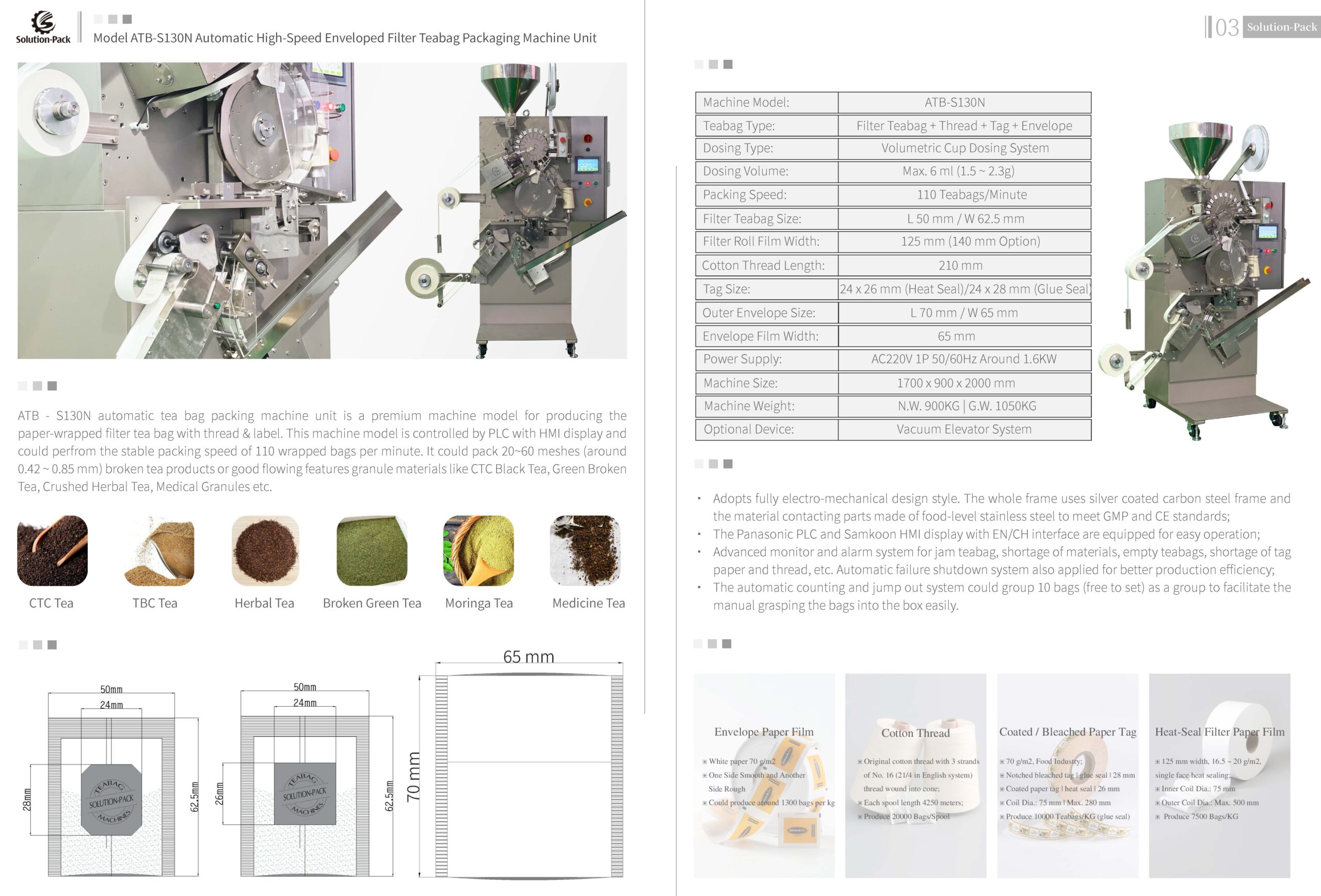 Model ATB-S130N Paper-Enveloped Filter Paper Teabag Packaging Machine Solution | Solution-Pack