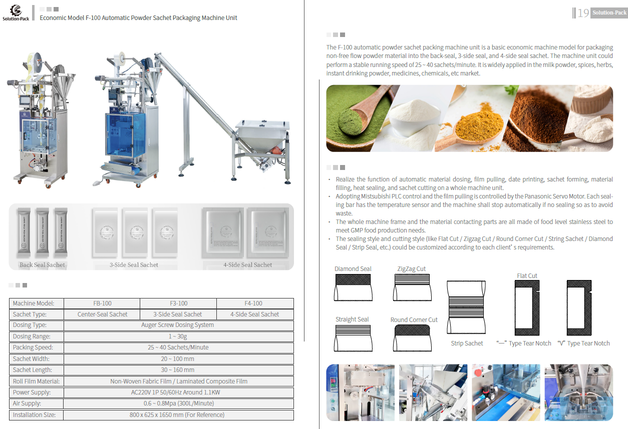 Model F-100 Economic Powder Sachet Automatic Vertical Packaging Machine Unit | Solution-Pack