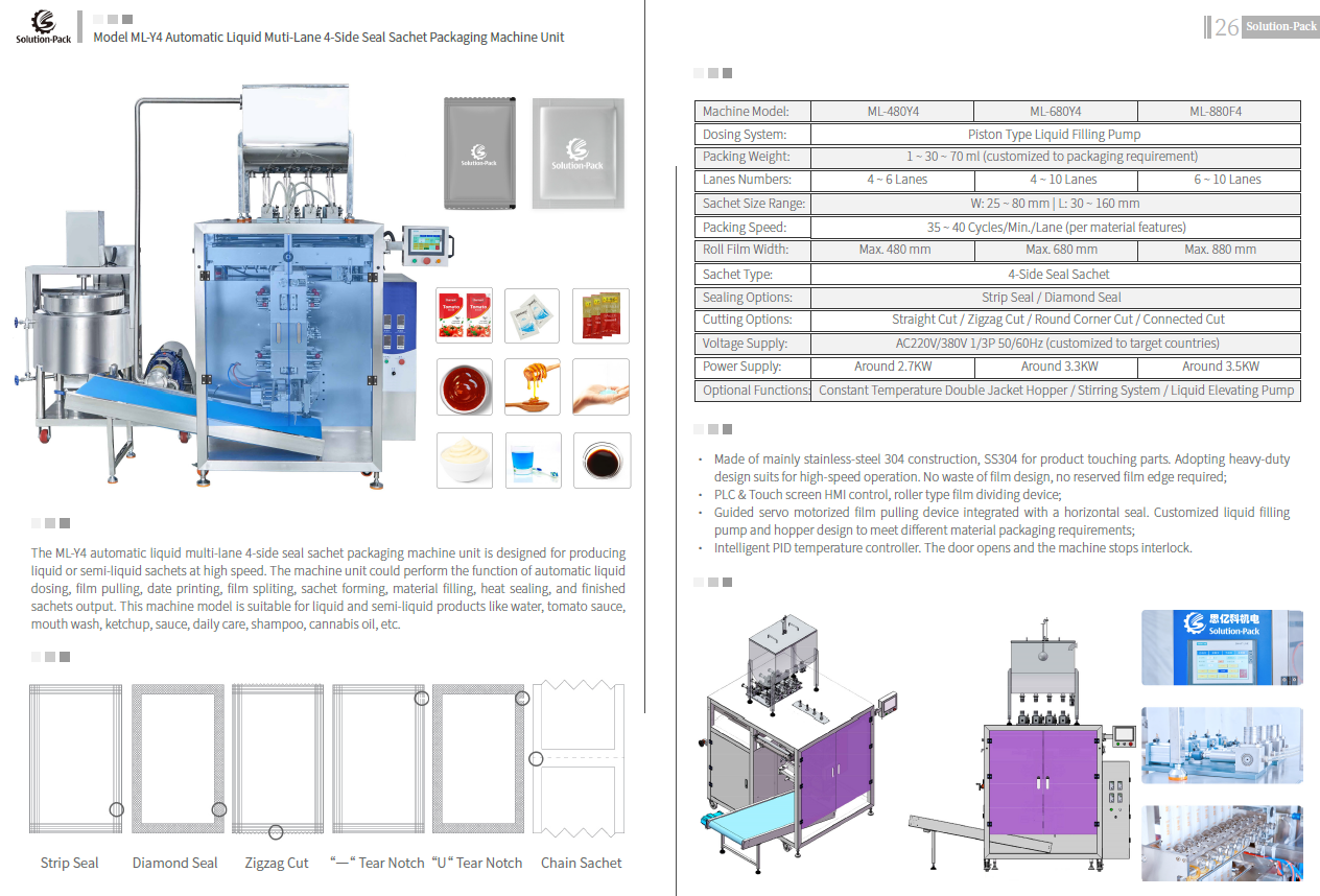 Model ML-F4 Automatic Liquid High-Speed Multi-Lane 4-Side Seal Sachet Packaging Machine Equipment | Solution-Pack