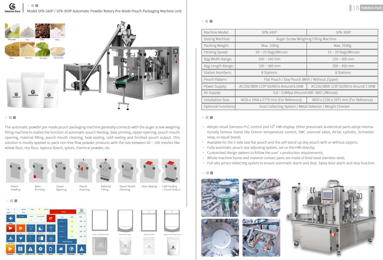 Model SP8-240P Automatic Powder Products Pre-Made Pouch Roatry Packaging Machine with Auger Screw Weigher System | Solution-Pack