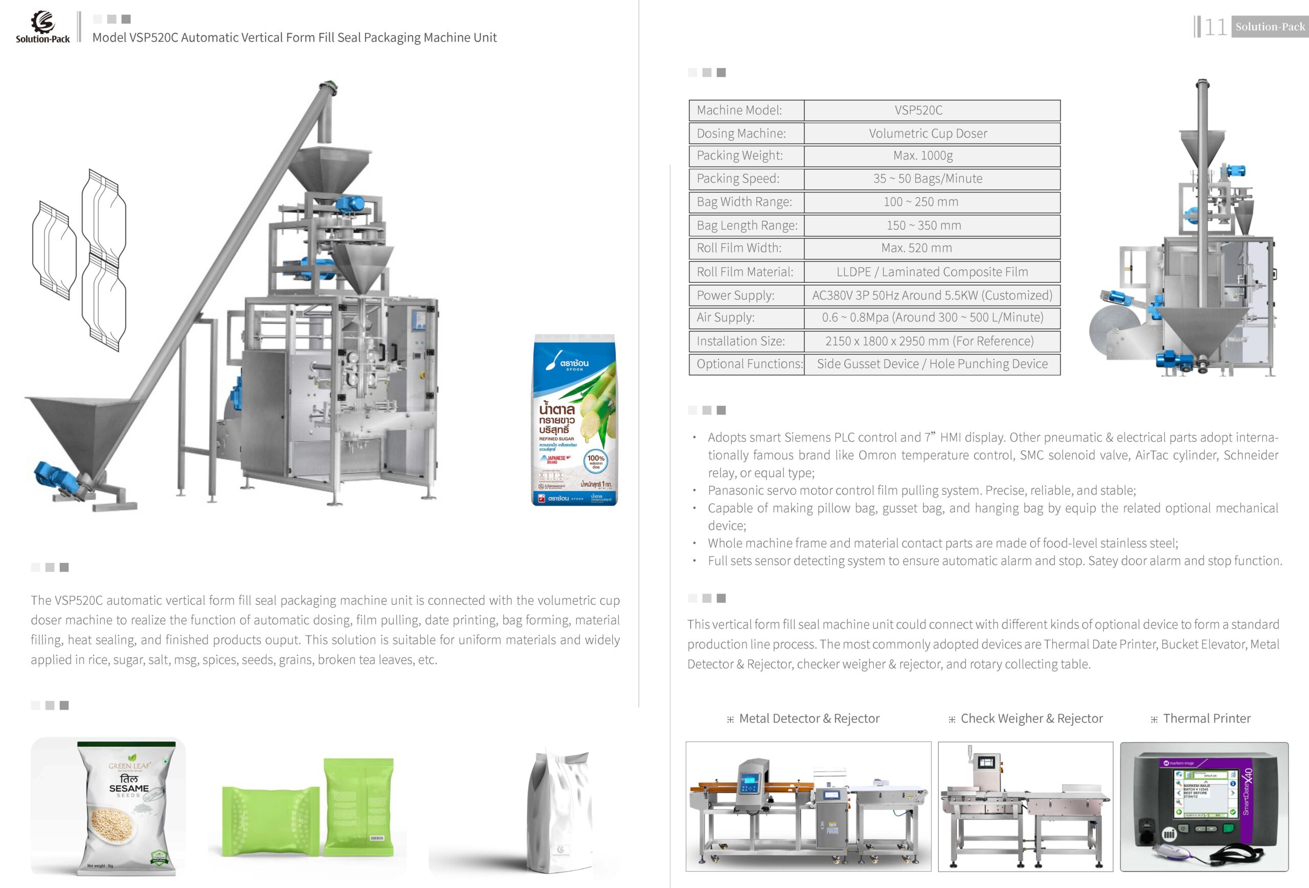 Model VSP520C Automatic Vertical Form Fill Seal Packaging Machine with Volumetric Cup Doser | Solution-Pack