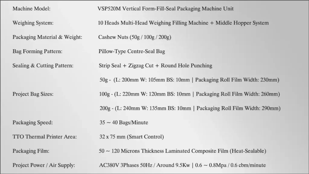 VSP520M Automatic High-Speed Cashew Nuts Packaging Machine Solution Technical Data | Solution-Pack