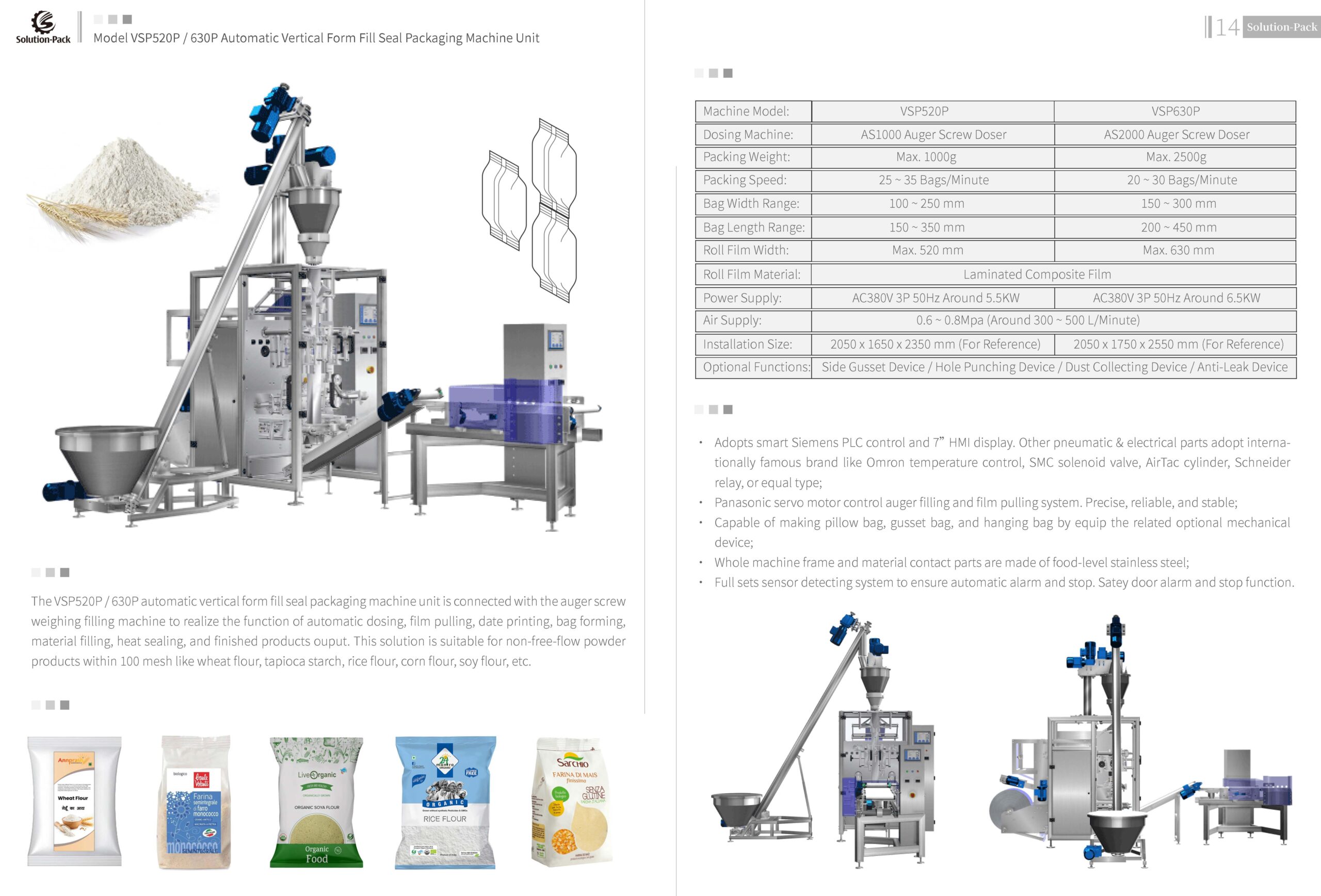 Model VSP520P Automatic Vertical Form Fill Seal Packaging Machine with Auger Screw Weighing Filling System | Solution-Pack